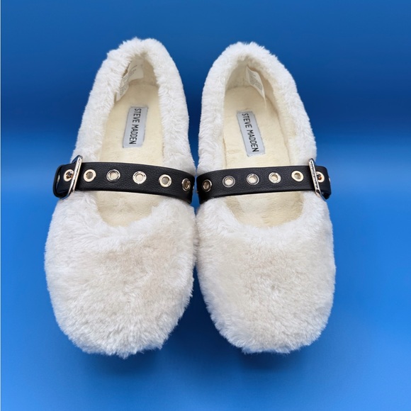 Steve Madden Shoes - Steve Madden Cream Furry Flats with Black Strap